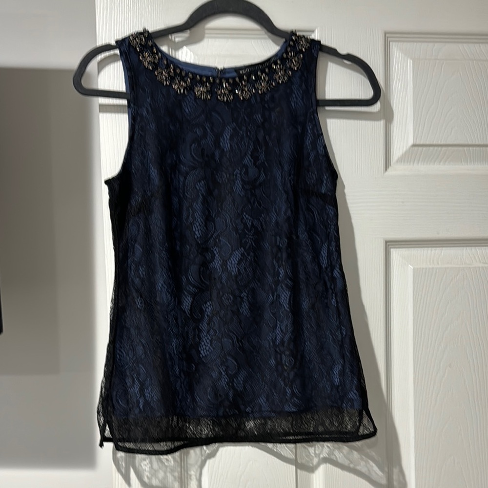 White House Black Market Blue Embellished Sleeveless Tank Top